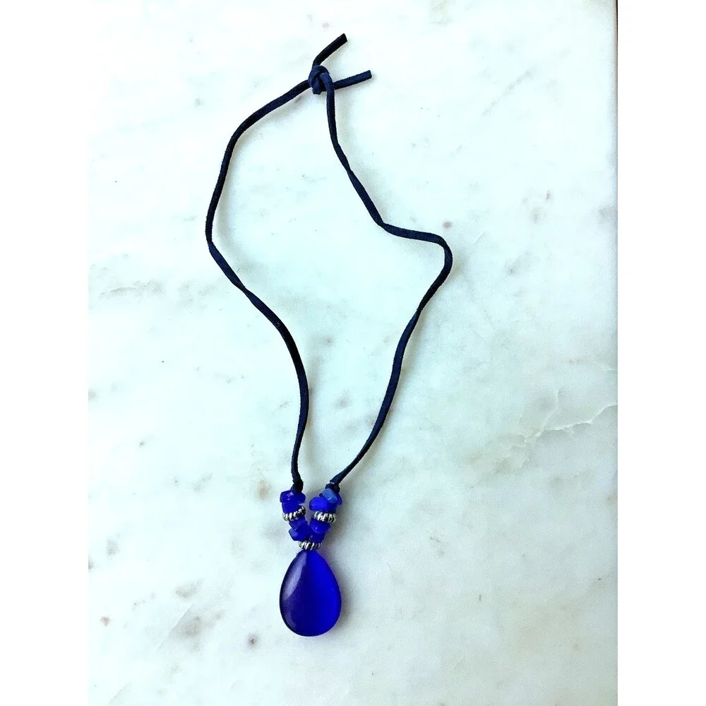 Cobalt Blue Glass Pendant Teardrop Beads Artistic Cord Necklace